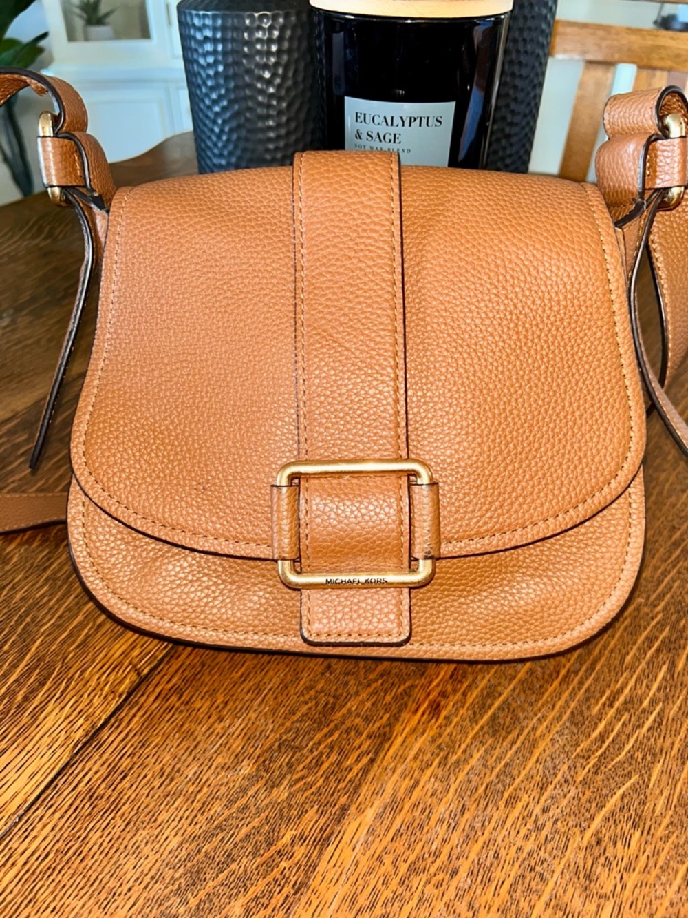 Michael Kors Cognac Pebbled Leather Saddle Crossbody Bag